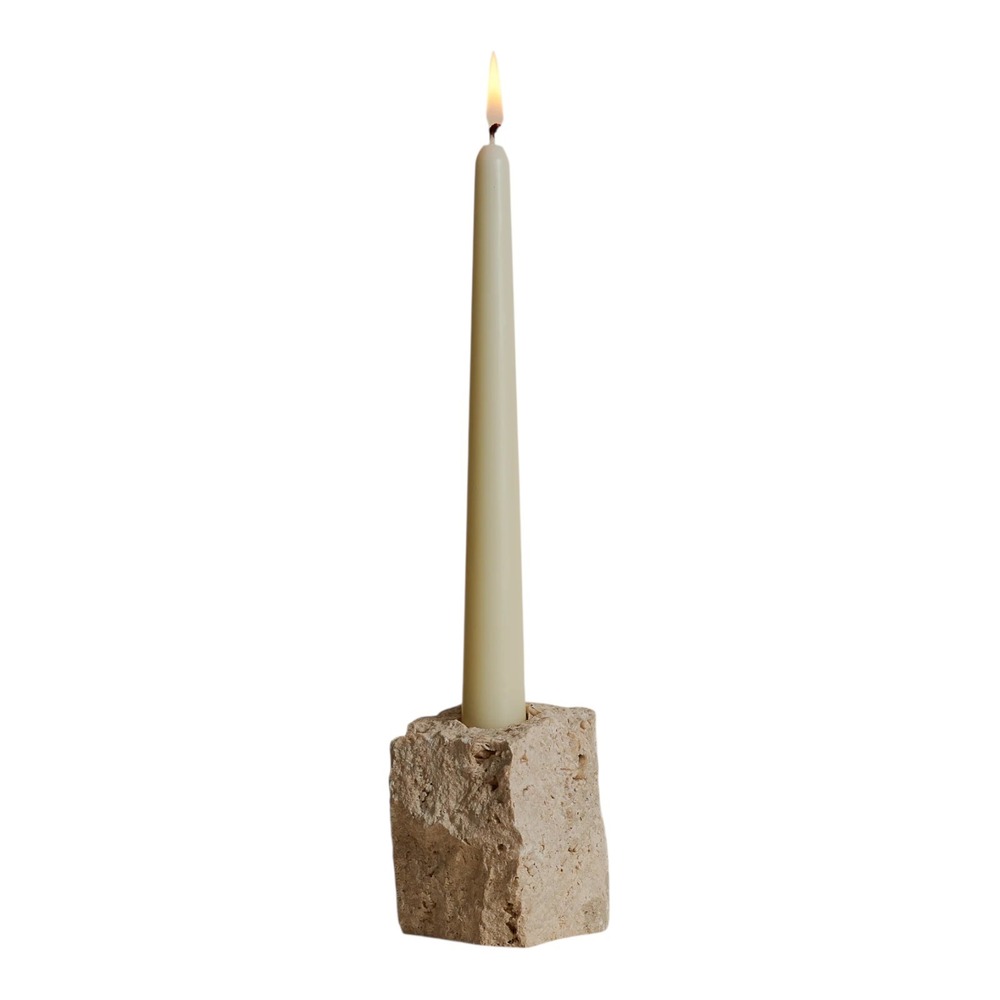 North Palm Travertine Stone Taper Candle Holder Brutalist Minimalist Beige Small